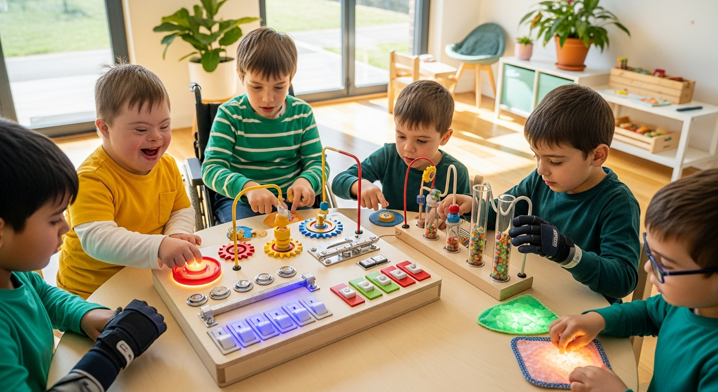Joyreal Montessori LED Light Busy Board with colorful switches, locks, and felt textures for sensory play