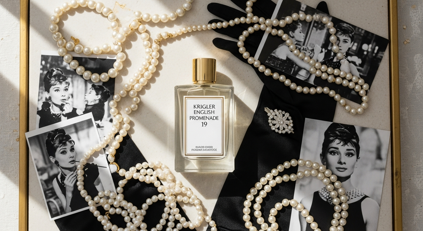 Elegant crystal perfume bottle of Krigler English Promenade 19 luxury fragrance on marble surface