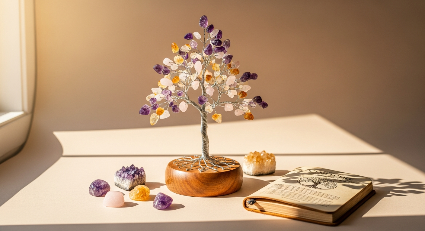 Handcrafted Karma and Luck Gemstone Tree of Life with copper bonsai structure and authentic crystals