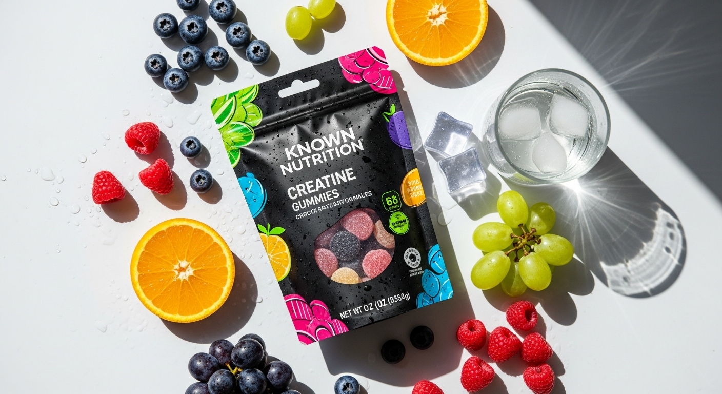 Known Nutrition Creatine Gummies in multiple flavors displayed with fitness equipment and dumbbells