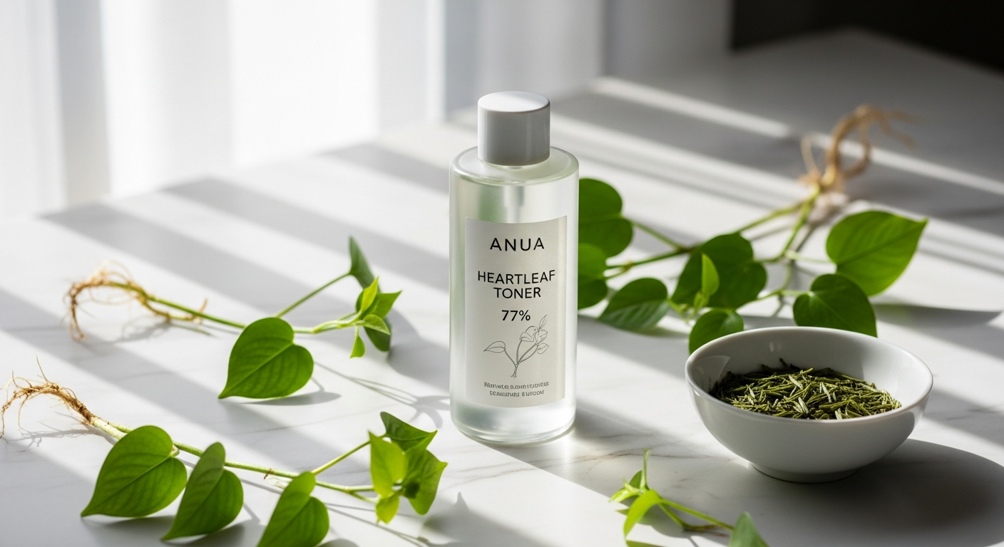 Anua Heartleaf 77% Soothing Toner bottle displayed with fresh heartleaf extract and calming botanical ingredients