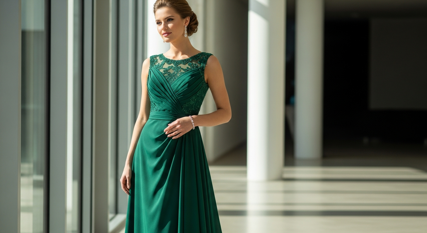 Elegant woman in a sophisticated beaded occasion dress at a formal celebration event