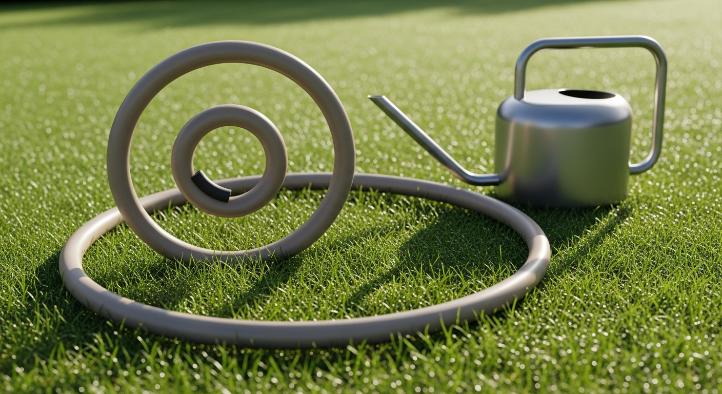 LIVLIG Design Garden Hose in Gentle Greige color displayed in a modern garden setting with quick-release fittings
