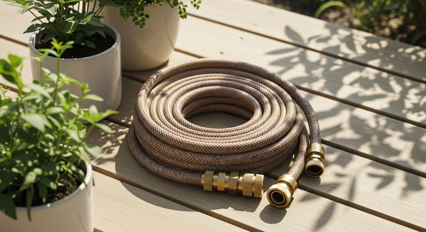 LIVLIG Design Garden Hose in Gentle Greige color coiled neatly in modern garden setting
