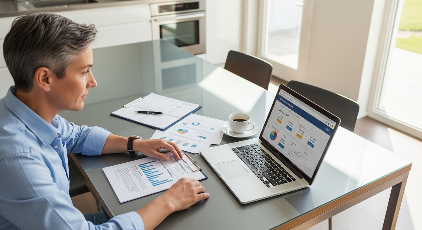 Homeowner reviewing AI-powered secured loan options on laptop with property documents