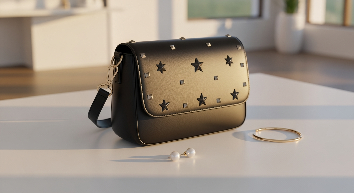 Nova Star Studded Vegan Handbag in black and gold celestial-inspired design