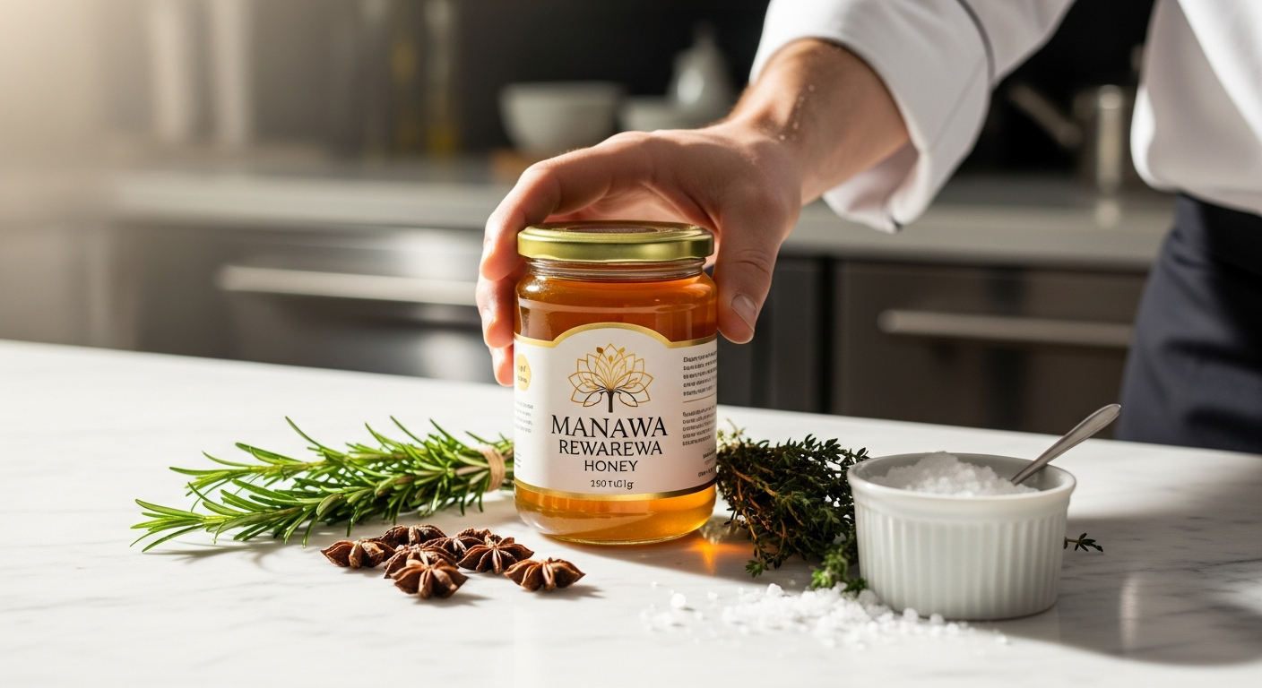 Manawa Rewarewa Honey jar displayed with New Zealand rainforest backdrop and award ribbons