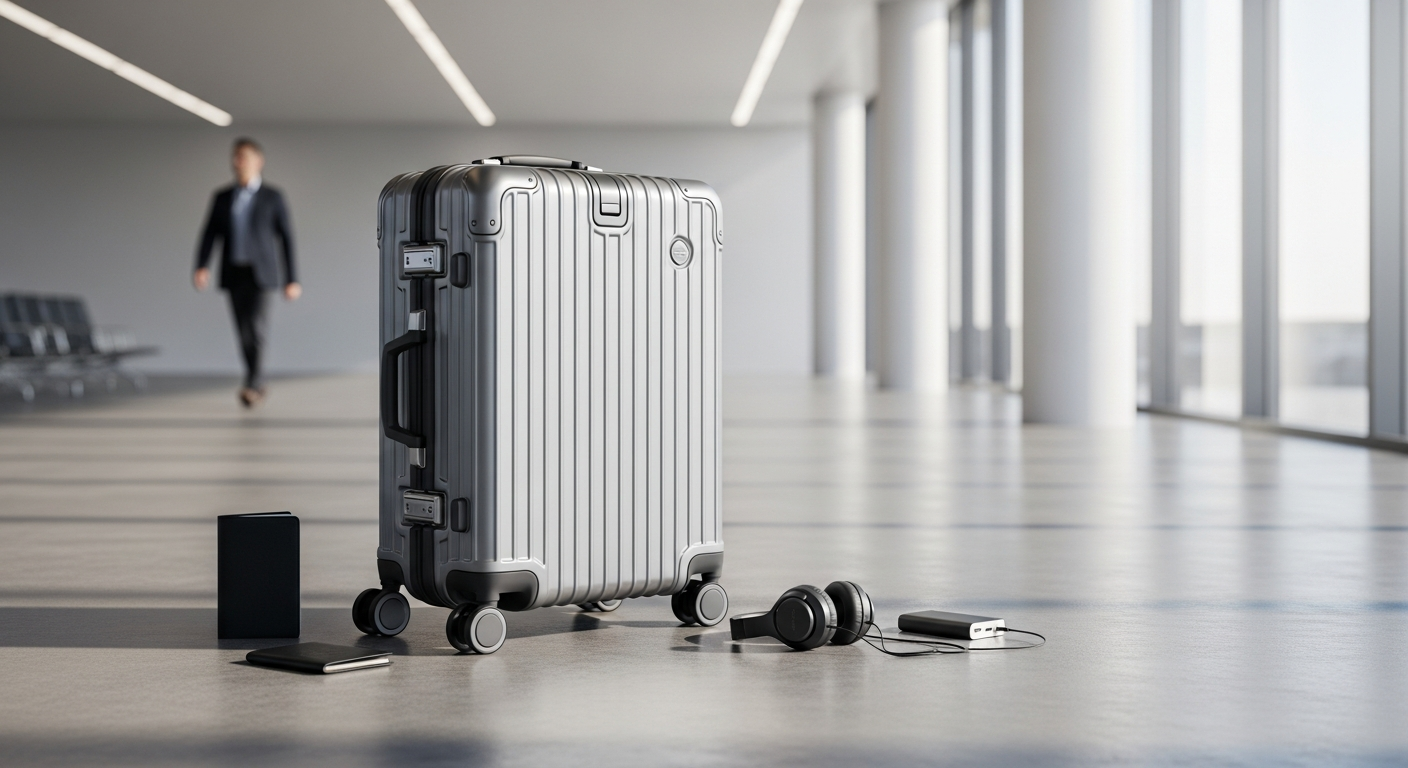 Greenwich Praga aluminum cabin suitcase with spinner wheels displayed professionally