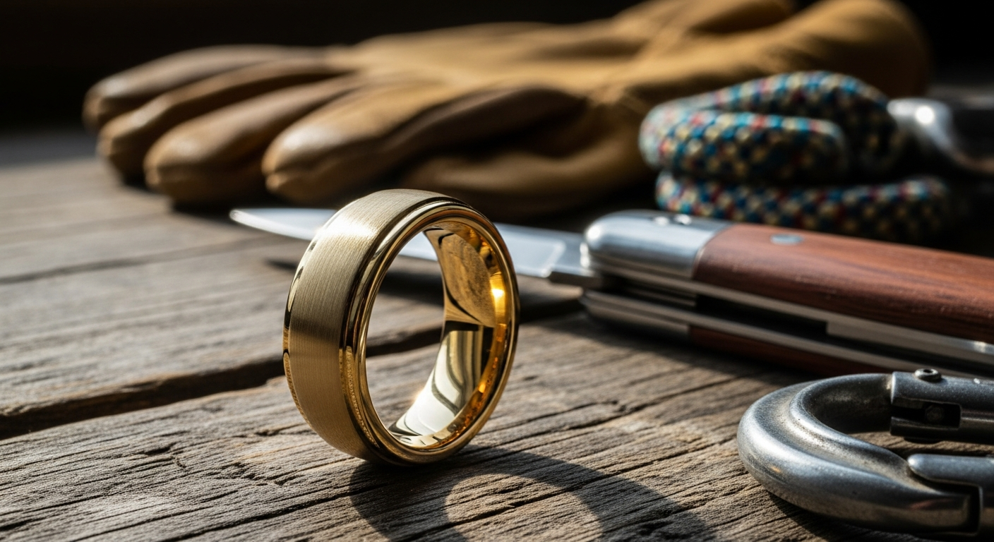 Manly Bands CEO gold-plated tungsten wedding ring displayed on a man's hand showing brushed finish and beveled edges