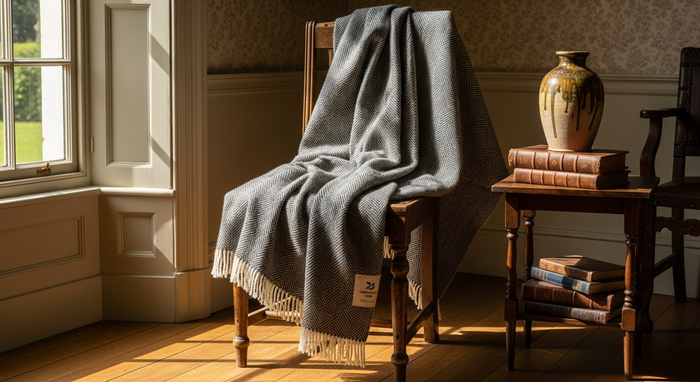 National Trust Herringbone Wool Throw in Petrol Blue draped over a comfortable armchair in a traditional living room setting