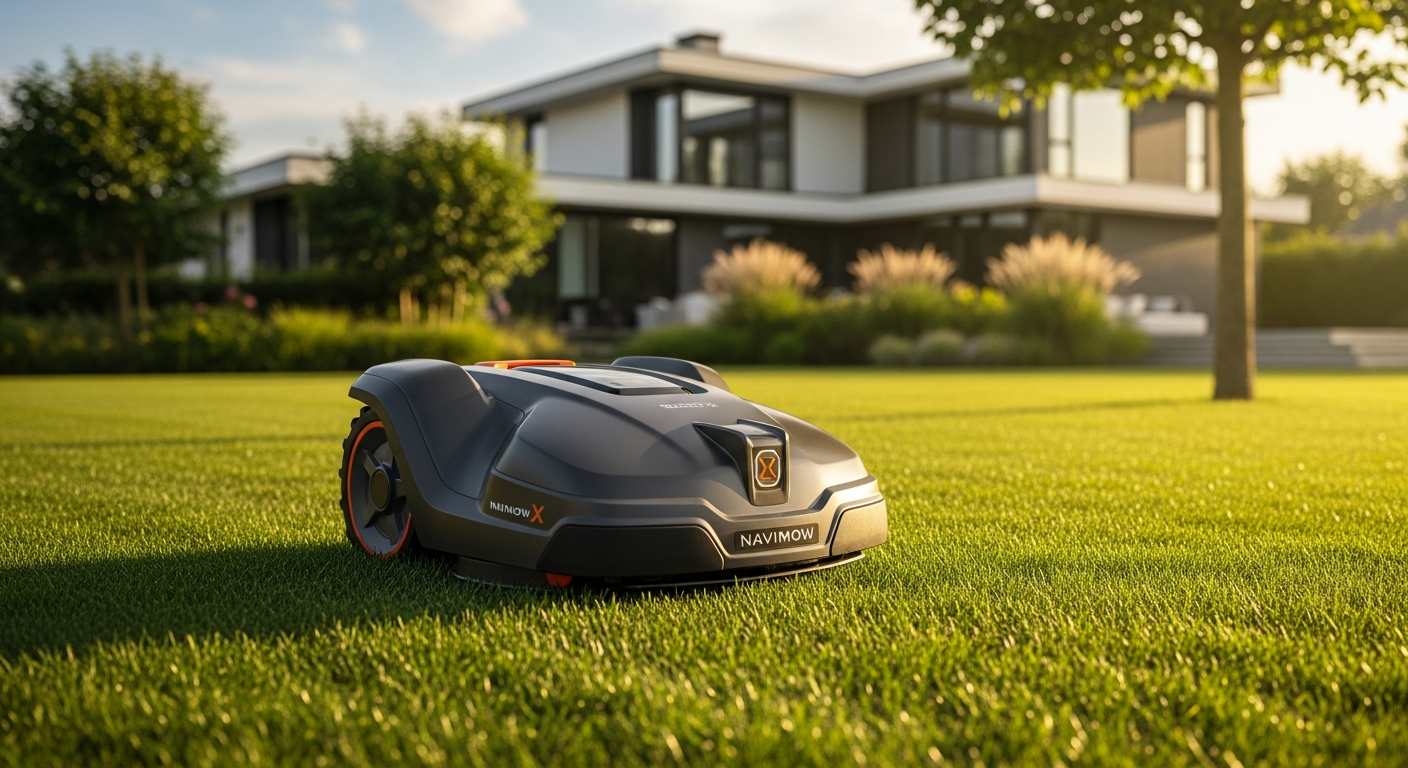 Segway Navimow X Series robotic lawn mower navigating a residential yard with satellite precision technology