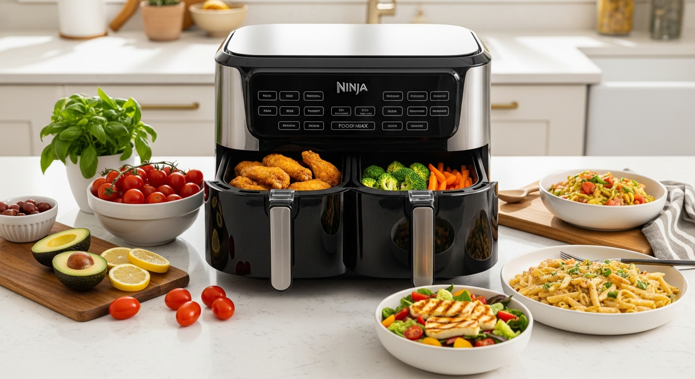 Ninja Foodi MAX AF400UK dual zone air fryer with open drawers showing synchronized cooking capability