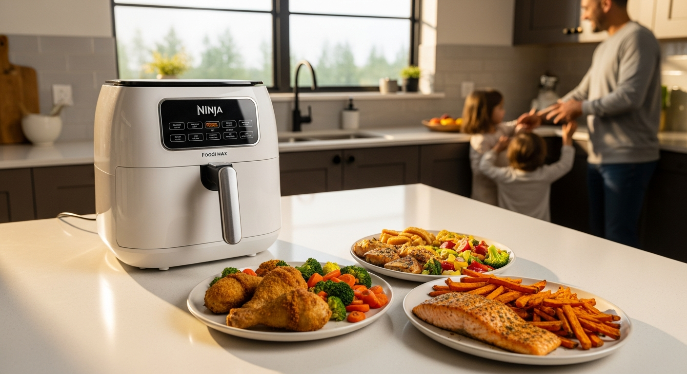 Ninja Foodi MAX AF400UK dual zone air fryer with independent cooking baskets displayed on modern kitchen countertop