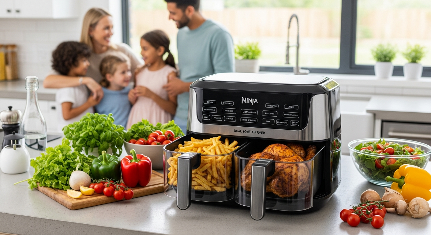 Ninja Foodi MAX Dual Zone Air Fryer AF400UK with two independent cooking chambers displaying crispy chicken and roasted vegetables