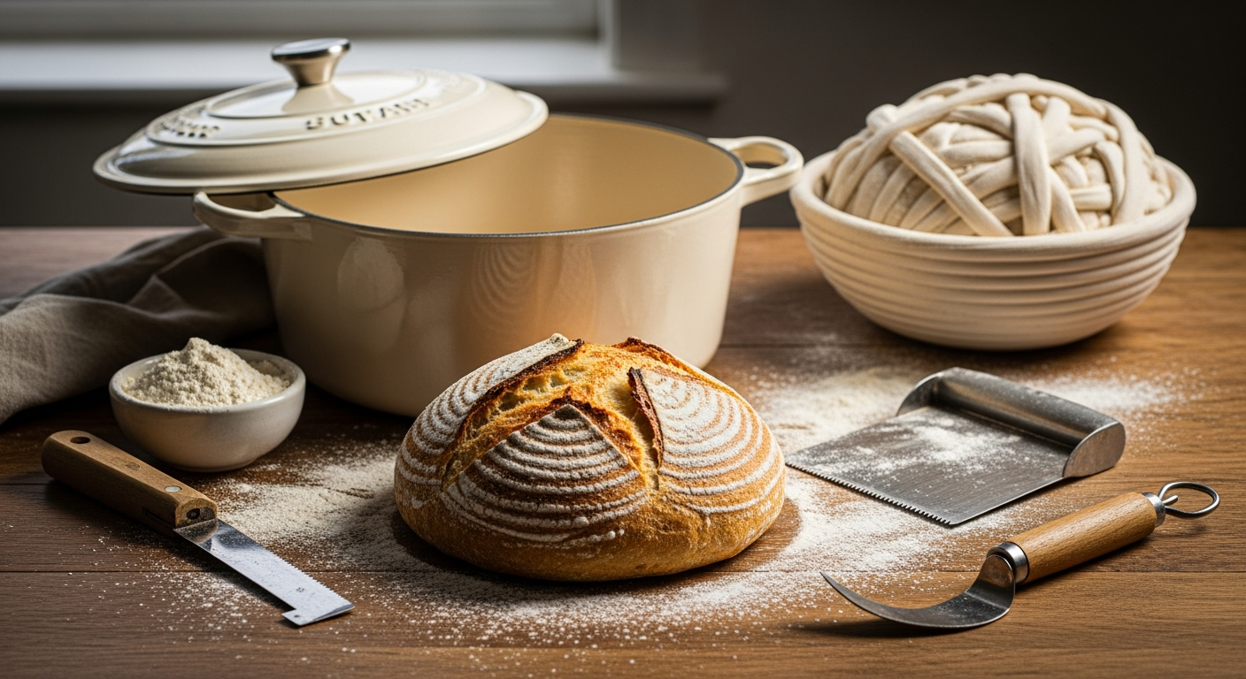 Nuovva enamelled cast iron Dutch oven with golden-brown artisan sourdough bread fresh from oven