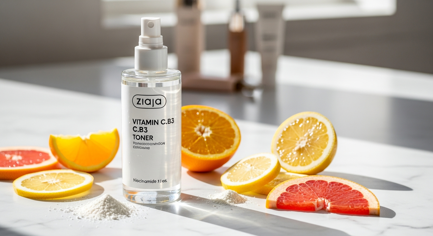 Ziaja Vitamin C.B3 Niacinamide Face Toner Spray bottle with natural ingredients displayed