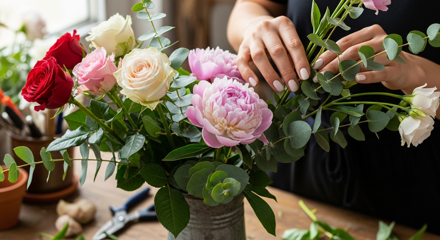 Spanish florist arranging fresh colorful handcrafted flower bouquet with locally sourced blooms