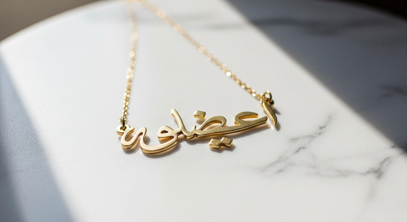 PRYA Arabic Name Necklace with elegant gold-plated calligraphy nameplate on delicate chain