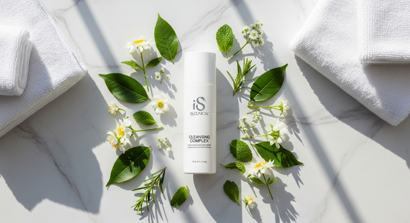 iS Clinical Cleansing Complex gel cleanser bottle with product swatches on white background