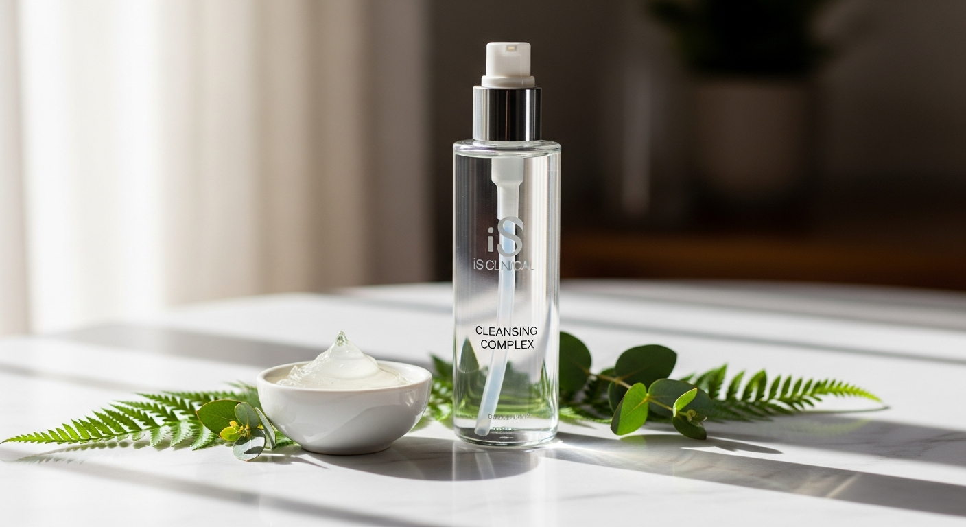 Professional-grade iS Clinical Cleansing Complex gel cleanser bottle with white willow bark and sugarcane extract ingredients