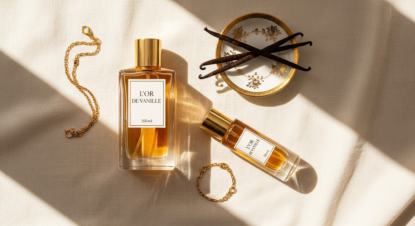 L'Or de Vanille Eau de Parfum bottle with layered fragrance combinations displayed