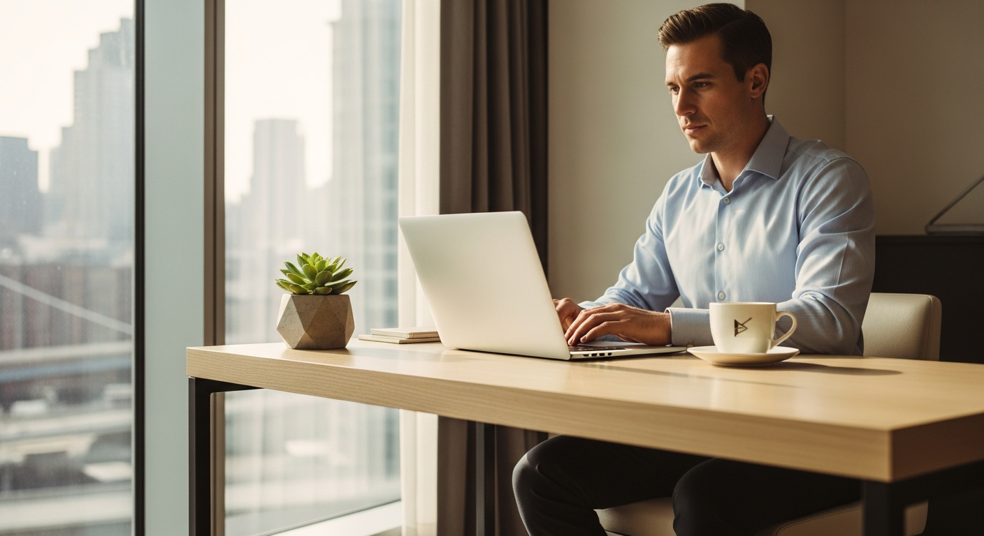Premier Inn Germany hotel room with professional workspace and Hypnos mattress bed for business travelers