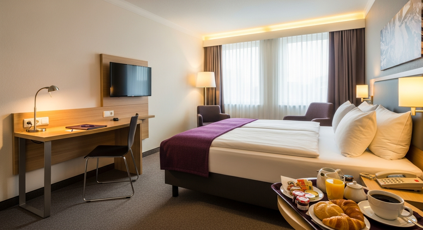 Premier Inn Standard Room with Hypnos bed, breakfast buffet spread, and modern amenities in Germany hotel
