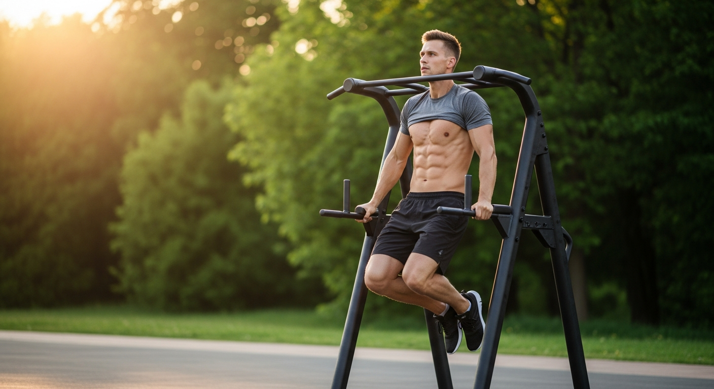 Portable pull-up and dip bar set up outdoors in a natural park environment for training