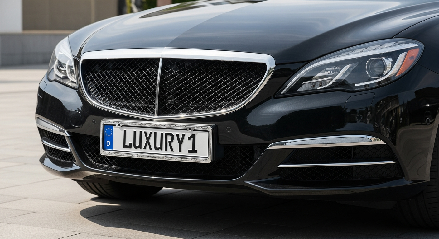 Personalized premium license plate holder showcasing custom text design on modern vehicle