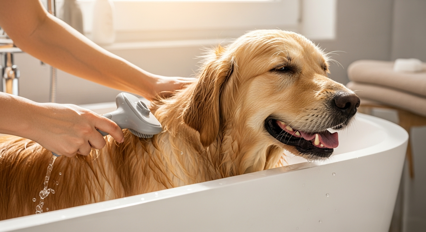 3-in-1 pet bathing brush scrubber with integrated shampoo dispenser and massage function in silicone
