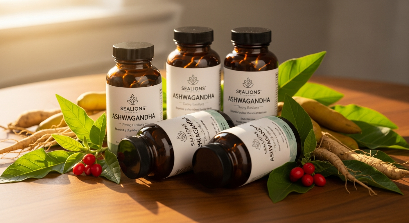 Sealions Ashwagandha supplement bottle displayed with wellness herbs and stress relief concept imagery