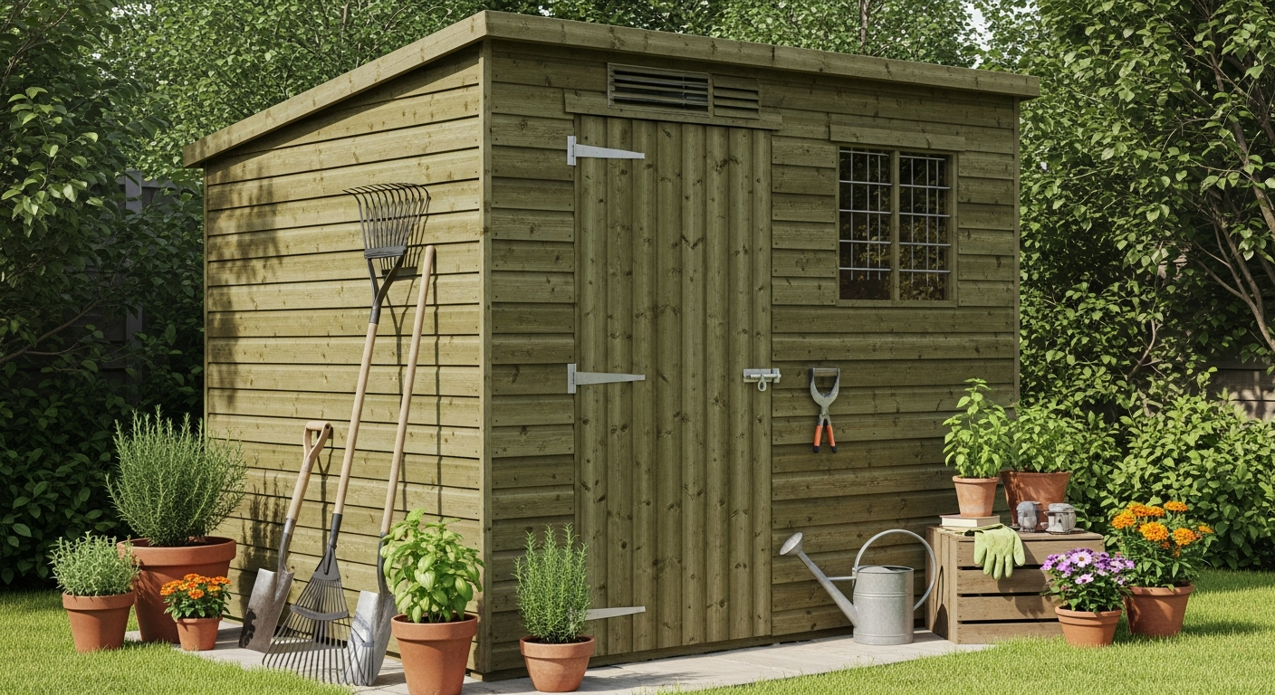 Pressure treated wooden apex garden shed with pitched roof design in residential garden setting