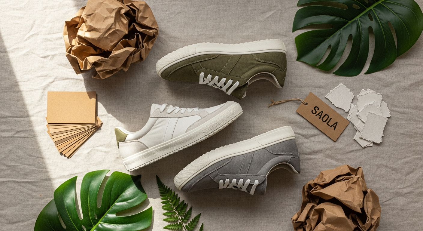 SAOLA sustainable vegan sneakers made from recycled materials and algae foam displayed on white background