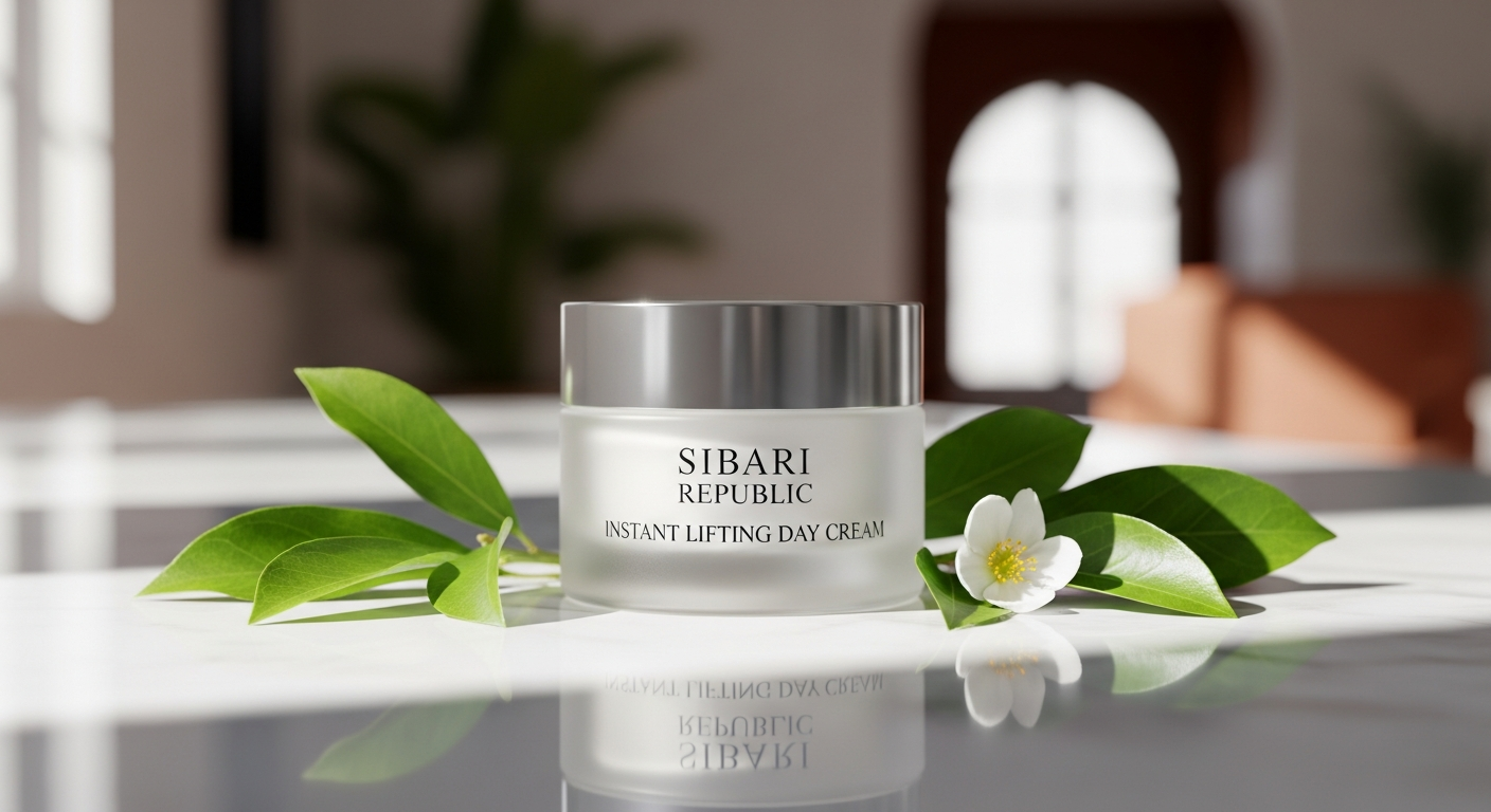 Sibari Republic Instant Lifting Day Cream jar displayed with Spanish dermo-cosmetic branding and anti-aging skincare ingredients
