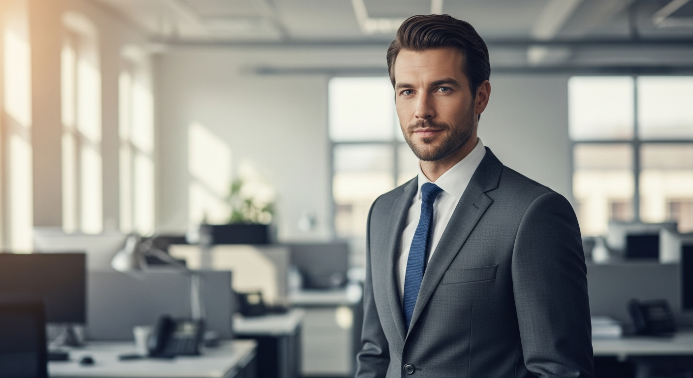 Modern professional man wearing a charcoal slim fit suit with white dress shirt and tie