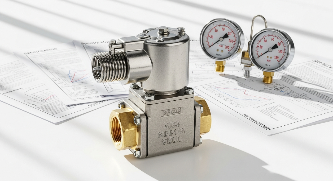 Industrial solenoid valve assembly showing stainless steel body with pressure gauge and fluid control connections