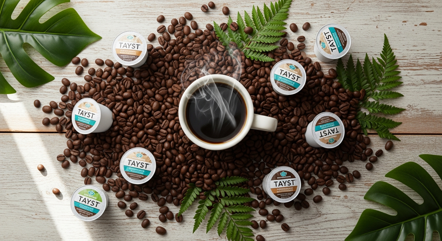 Tayst compostable Keurig coffee pods in various flavors displayed with fresh coffee beans and a steaming cup