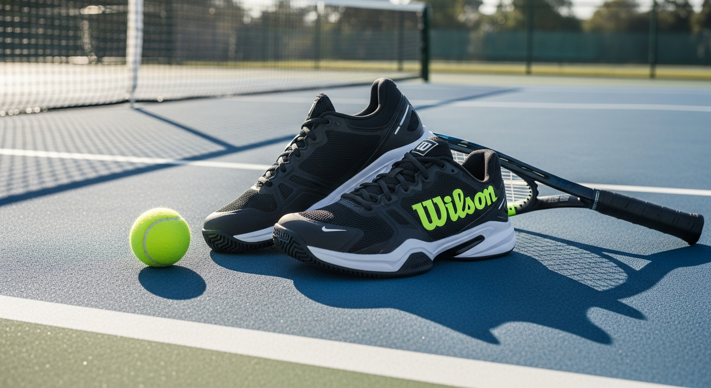 Wilson Rush Pro 4.5 tennis shoes displayed on professional tennis court surface