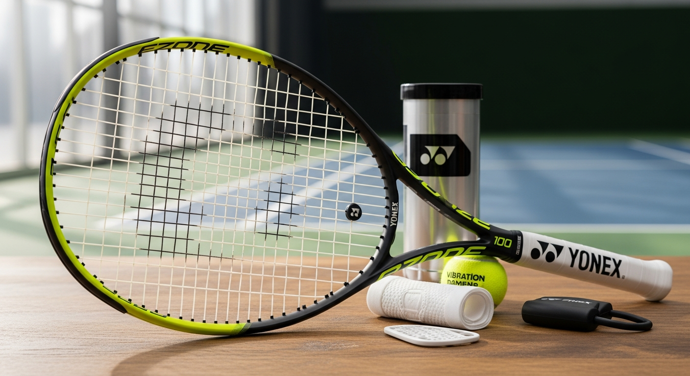 Yonex Ezone 100 tennis racquet displayed on a professional court with vibration dampening technology highlighted