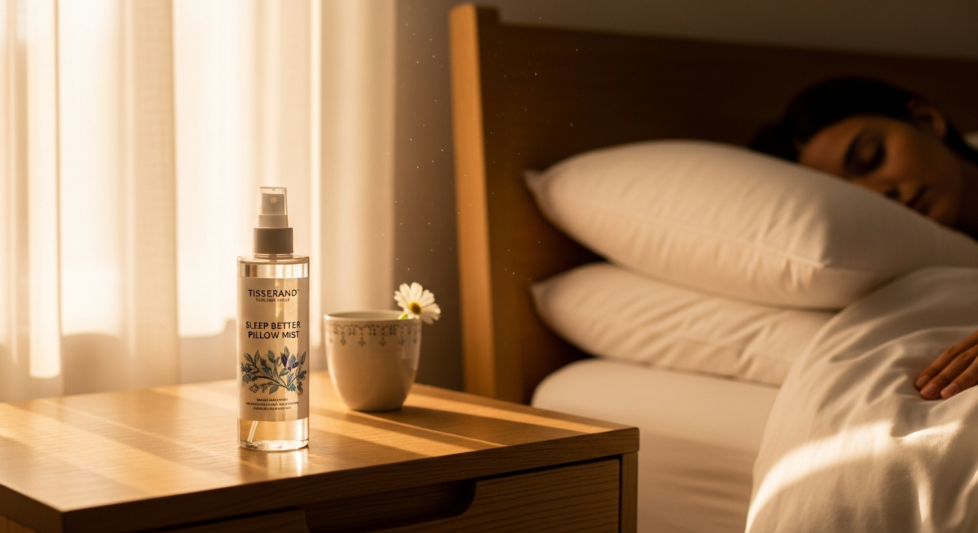 Tisserand Sleep Better Pillow Mist bottle with lavender flowers and calming bedroom setting