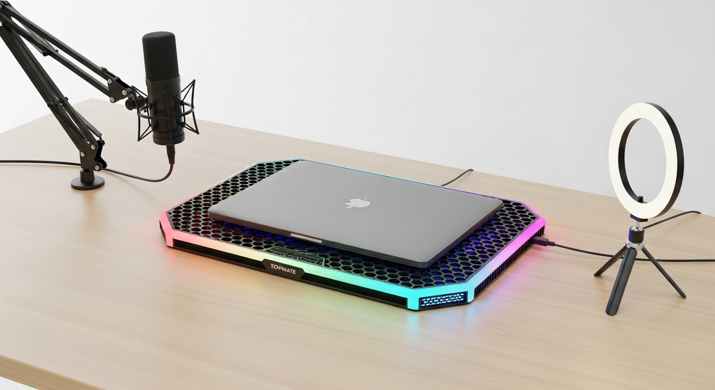 Topmate C11 RGB laptop cooler with six fans and integrated phone holder for content creators