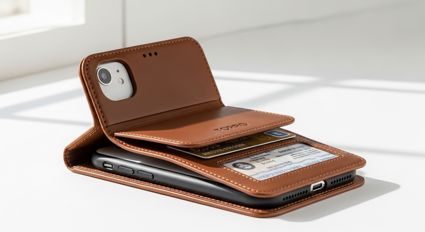 Premium leather iPhone wallet case with card slots and MagSafe compatibility displayed on white background