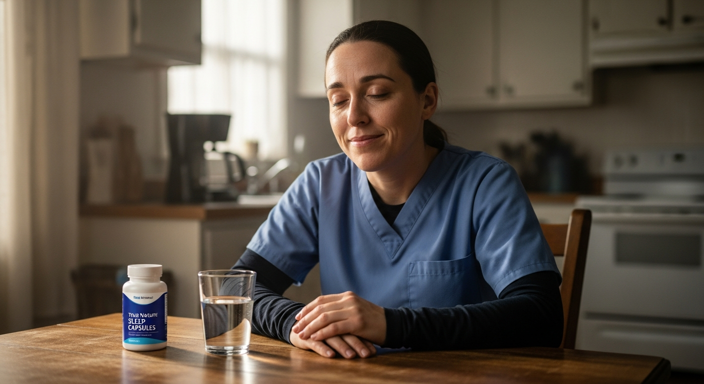 True Nature Daily Sleep Capsules bottle displayed with shift worker in background during night shift