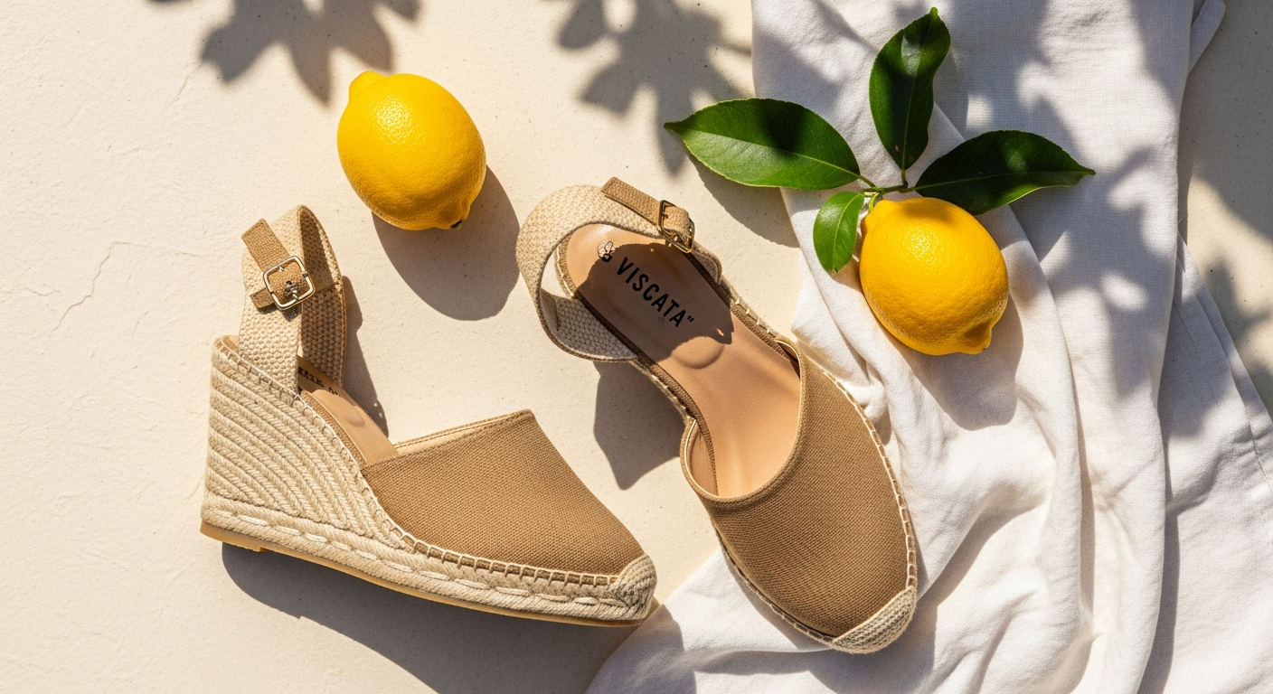 Viscata Pubol Canvas Espadrille Wedges in neutral beige with jute sole and ankle strap detail