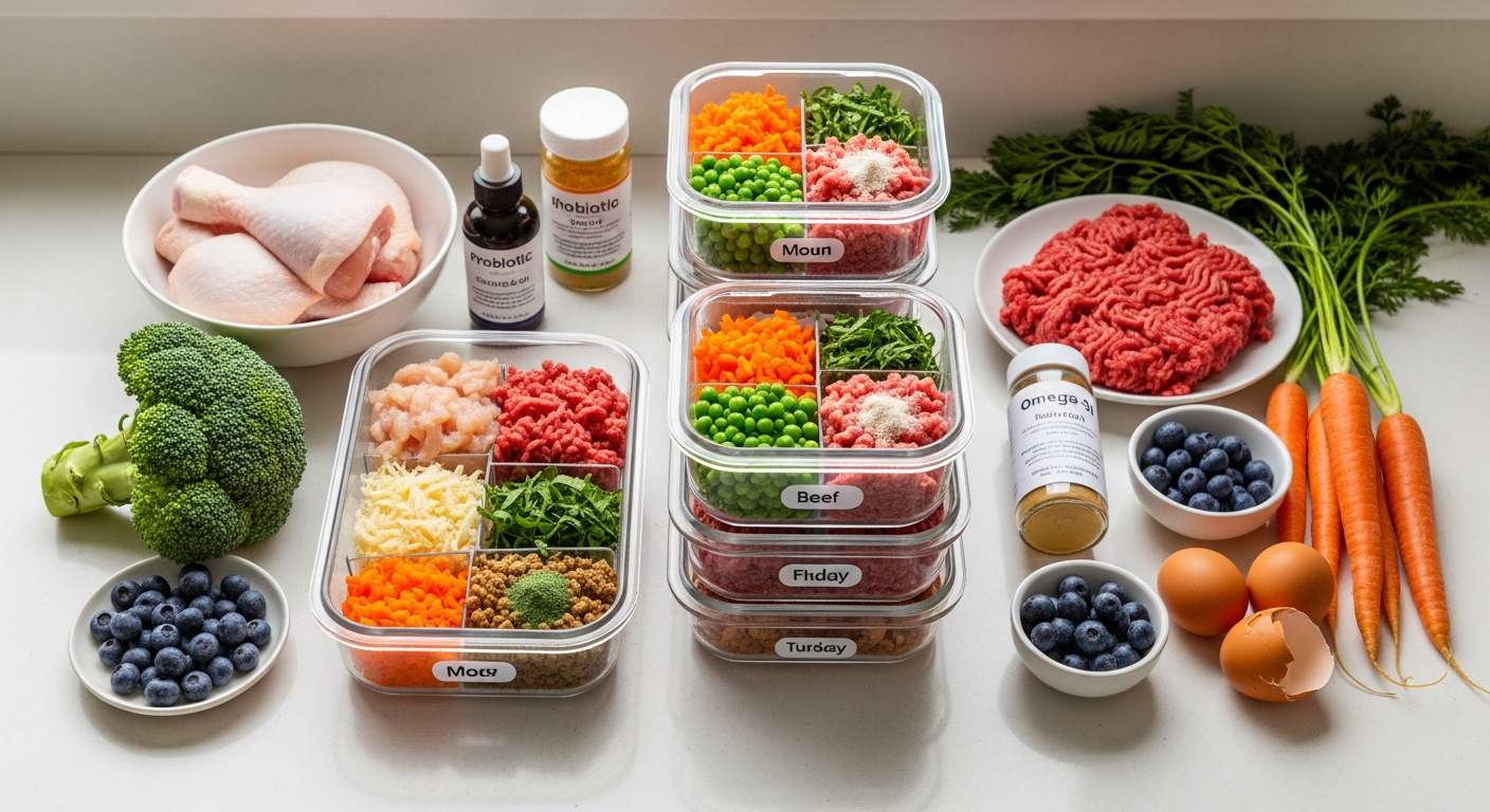 Multi-dog household eating from bowls of We Feed Raw frozen raw dog food