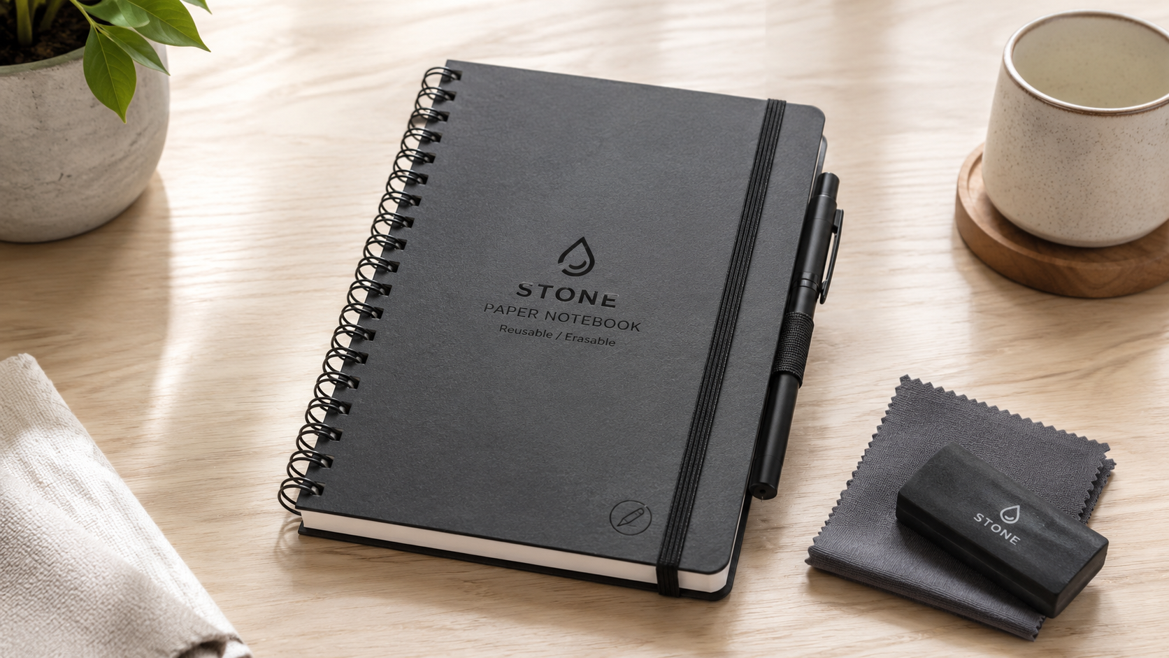 Stone paper notebook with reusable erasable pages, spiral binding, pen holder, cleaning cloth, and eraser on a wooden desk for eco-friendly note-taking.