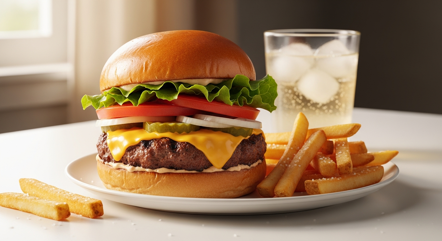 Cecil's 1/4 Bulky Cheese Burger Combo with fresh toppings and fries on plate