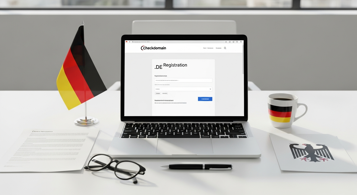 Professional German businessman working at desk with .de domain registration interface displayed on computer screen