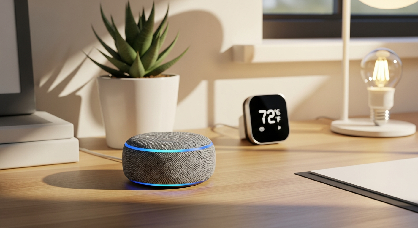 Amazon Echo Dot 5th Gen smart speaker sitting on a white shelf in a modern living room