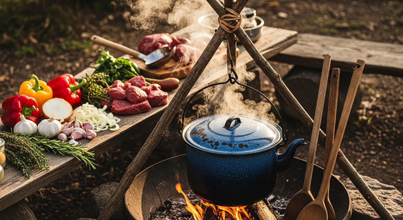 10L enamelled goulash kettle pot suspended over open campfire with flames and tripod setup
